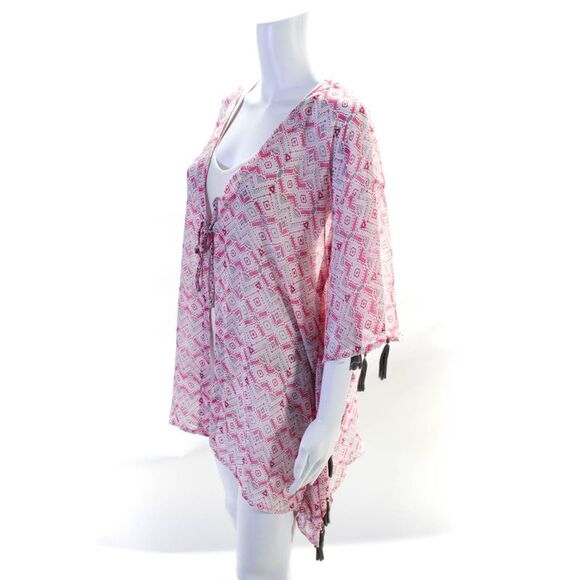 Letarte Handmade Women's Abstract Print Tassel Trim Swimwear Coverup Pink Size X - Picture 2 of 5